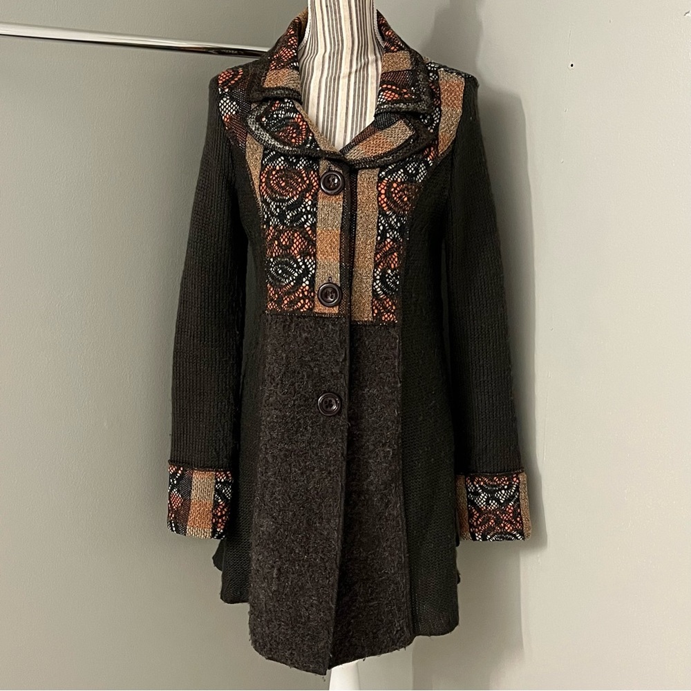 Ethereal Womens Brown Boho Button Up Collared Mixed Media Long Cardigan S